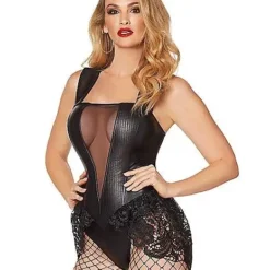 Spirit Halloween Adult Black Faux Leather And Lace Bodysuit